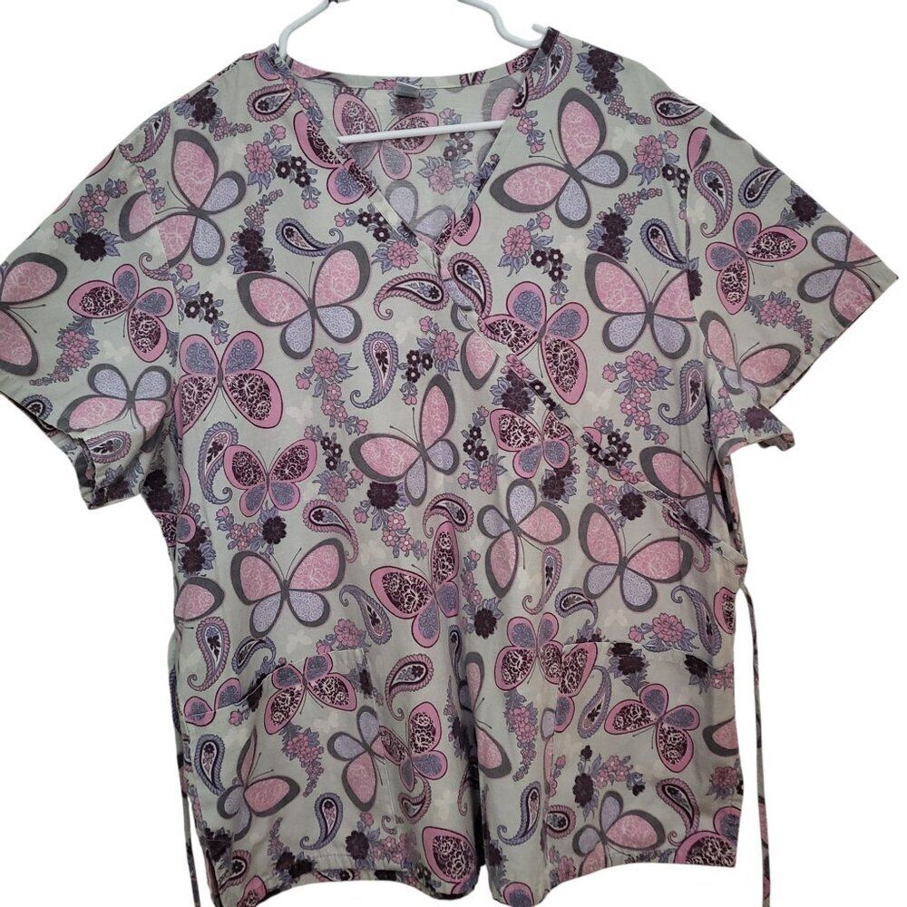 Just Be Women's V-neck Light Grey Butterfly Scrub Top